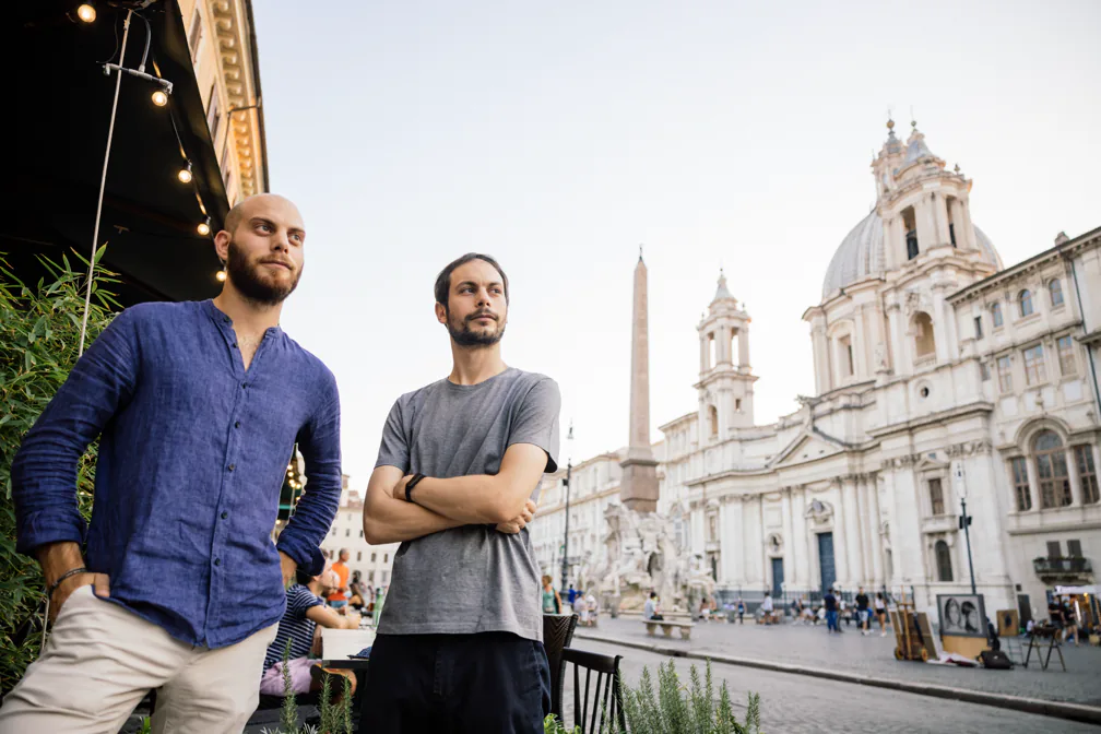Tommaso and Filippo outside Camillo in Piazza Navona